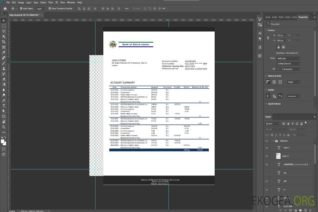 Relevé bancaire de la Sierra Leone Bank de Sierra Leone template